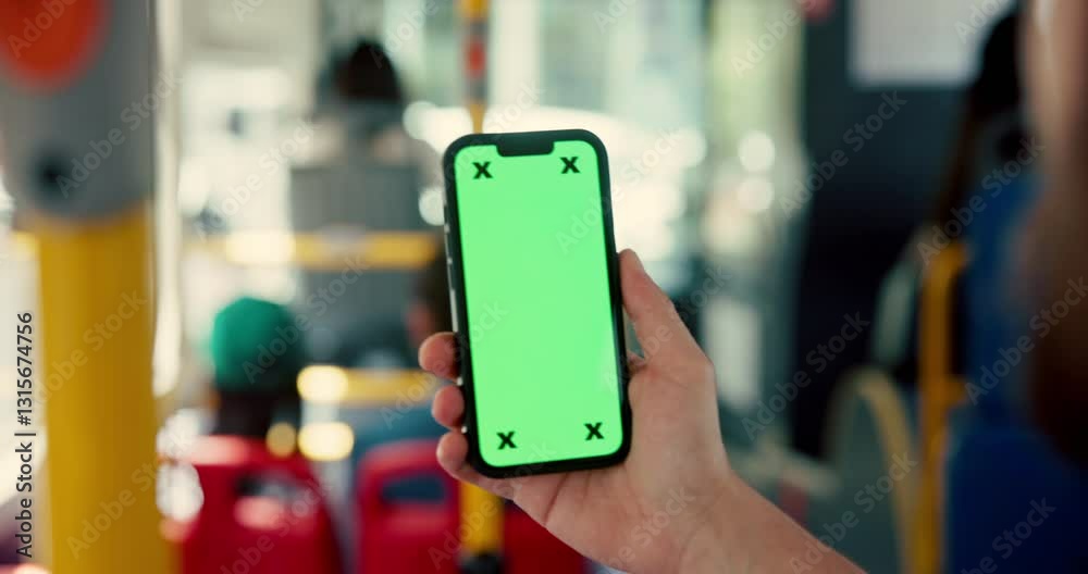 Poster hands, bus and person with smartphone, green screen and internet with mockup space. closeup, people 