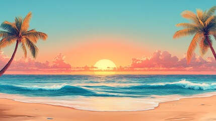 Obraz premium Tropical beach paradise with clear blue waters, sunlit golden sands, and a horizon blending into a pastel sunset sky