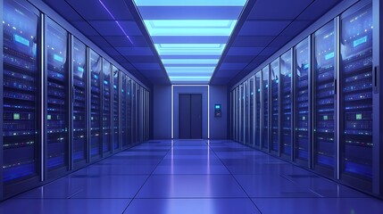 Fototapeta premium A futuristic server room with rows of data servers and blue lighting.