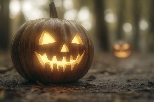 Lit Jack o' Lanterns in forest at night