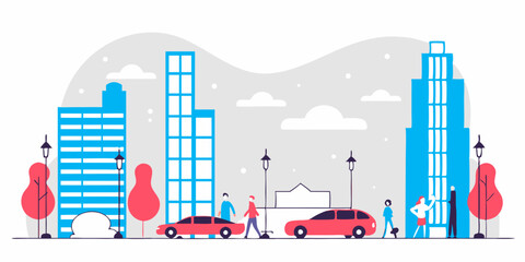 Obraz premium A modern urban cityscape with tall skyscrapers, moving cars, and people walking along the streets. The illustration features a clean and minimalistic design with vibrant colors and a lively atmosphere