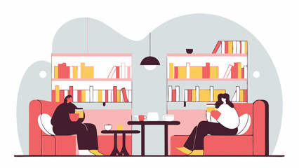 Naklejka premium A cozy and modern library café scene featuring two people reading books in a relaxed atmosphere, surrounded by bookshelves, warm lighting, and a peaceful setting.