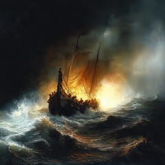 Obraz premium Dramatic Sailing Ship in Stormy Seas with Fiery Background and Waves