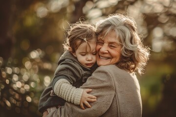 Obraz premium A grandmother smiles as she holds her grandchild in a loving embrace outdoors, Grandma hugging her grandchild tightly with a smile on her face
