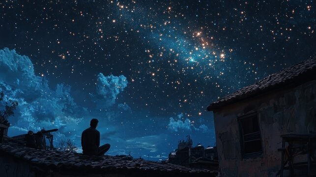 Man contemplates the vastness of the universe on a rooftop bathed in starlight