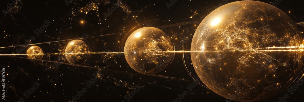Poster exploration of interconnected virtual worlds through luminous spheres and cosmic light beams