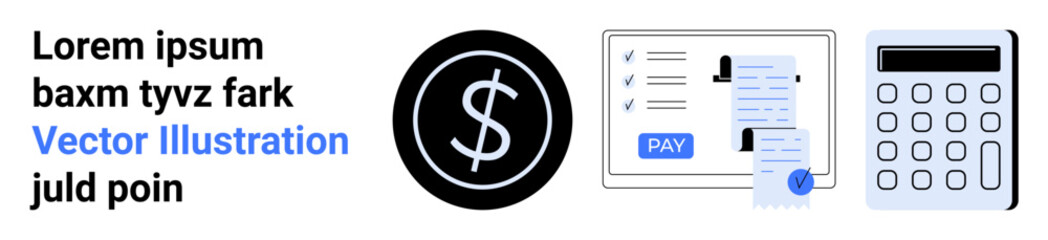 Obraz premium Dollar sign icon, invoice with payment receipt, and calculator for budgeting, accounting, taxes, business finance, online payments, expenses banking. Ideal for financial management abstract line