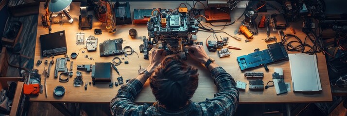 Robotics engineer assembling a robot in a workshop surrounded by various components and tools during the evening. Generative AI