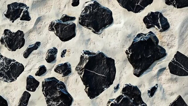 Aerial view of black Dalmatian Jasper rocks scattered on a sandy beach, creating a striking contrast between the dark stones and the light sand. The image captures the natural texture and pattern.