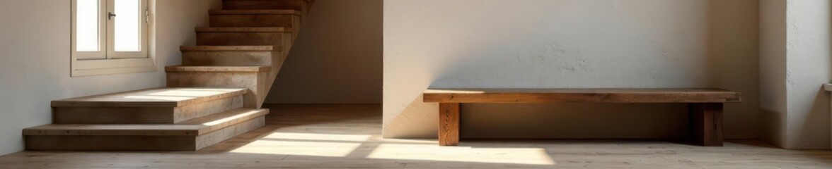 Rustic wooden bench in modern hall, traditional staircase visible , hallway, scandinavian