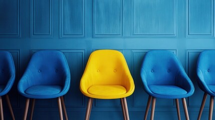 Stand Out Yellow Chair in a Row of Blue Chairs Against a Classic Paneled Blue Wall