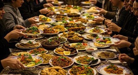 Delicious abundant festive food table middle eastern cuisine dishes meal home meat rice party feast