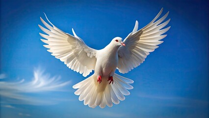 Majestic White Dove in Flight Against a Clear Blue Sky - Low Light Photography, Nature, Wildlife, Peaceful, Serenity, Birds, Freedom, Sky, Calmness, Beauty,