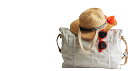 Beach bag with summer hat, sunglasses and transparent background