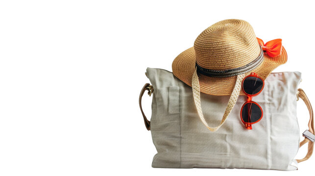 Beach bag with summer hat, sunglasses and transparent background