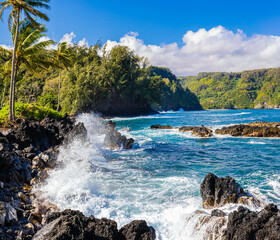 Sea Cliffs and Lava Spires in Nua' Ailua Bay With Waialohe Park, Keanae, Maui, Hawaii, USA