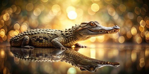 Fototapeta premium Miniature Crocodile, Tilt-Shift Photo, Reptile, Wild Animal, Isolated Background, Wildlife Photography, Close-up, Exotic Animal, Nature, Savannah, Swamp,