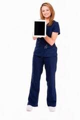 Pretty young doctor nurse pa in scrubs displaying digital tablet compure isolated on white background