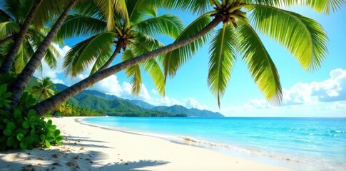 Lush Hawaiian palm trees arch over pristine white sand beach , getaway, exotic, beach