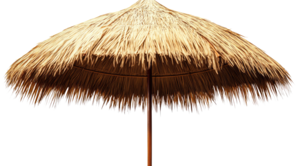 A tropical straw parasol evokes beach vacations and summer relaxation