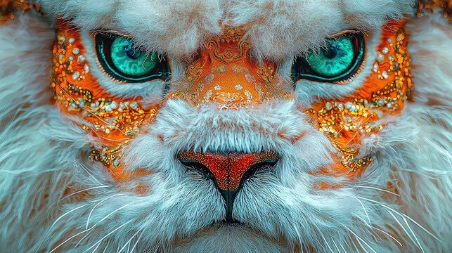 Majestic Ornate Lion Close-Up Portrait with Vibrant Teal Eyes and Intricate Golden Detailing, Mystical Creature Fantasy Art