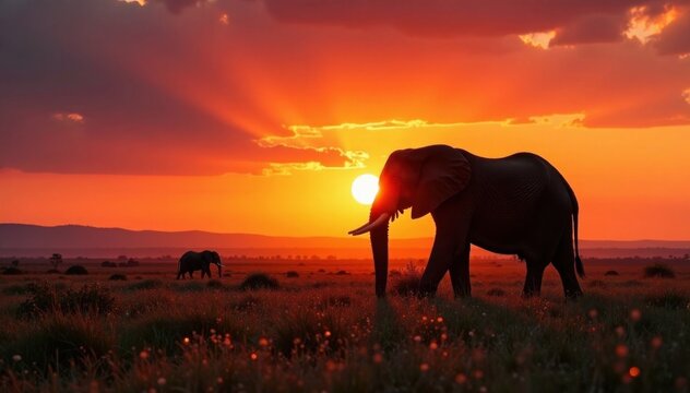 Large elephant silhouette on savannah landscape at sunset, elephant, africa, nature