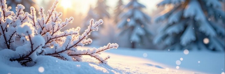 Thick blanket of snow on frosted branches, sunlight filtering through , tranquil, wintry
