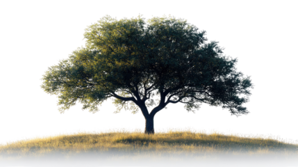 Lonely tree in the fog on a hill with branches and bare leaves surrounded by a misty meadow and countryside landscape