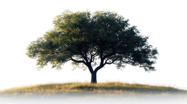 Lonely tree in the fog on a hill with branches and bare leaves surrounded by a misty meadow and countryside landscape