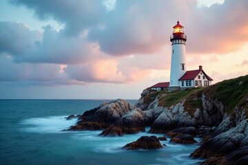 Obraz premium Lighthouse standing on rocky coast , coastal, rock, ocean