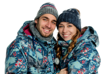 a couple of true lovers, happy and smiling, wearing doctors coats for cold weather, with a light red and dark blue print, wearing a cold weather cap, with a stethoscope around their neck, on a white b