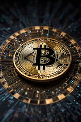 Fototapeta premium Golden Bitcoin: A close-up, detailed image of a gold bitcoin coin against an abstract background, the intricate details of the coin shimmering, a symbol of the future of finance.
