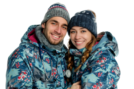 a couple of true lovers, happy and smiling, wearing doctors coats for cold weather, with a light red and dark blue print, wearing a cold weather cap, with a stethoscope around their neck, on a white b