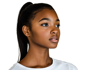 a front view image of a 18 year old african american female, on a white background