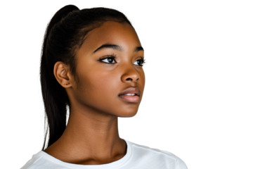 a front view image of a 18 year old african american female, on a white background