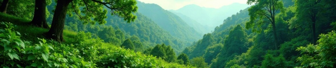 Obraz premium lush green forest landscape with vibrant foliage and towering trees, organic, tree, serene