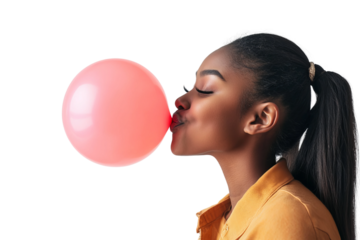 a front view image of a 18 year old african american female leaning in and blowing up a ballon with her head turned in profile to one side, ponytail, happy, on a white background