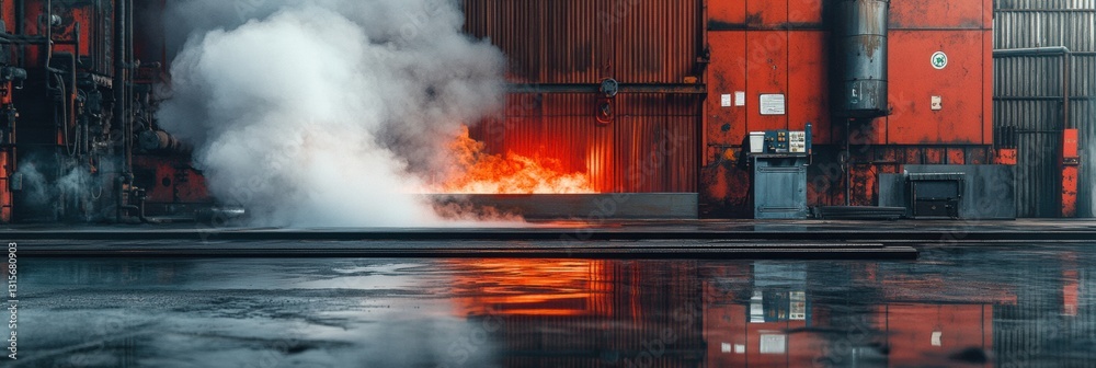 Aufkleber red hot metal billets undergo rapid tempering in a workshop, creating impactful clouds of steam in t