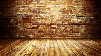 Warm red brick wall with dramatic lighting and a wooden floor creating a cozy interior UHD 4K Image