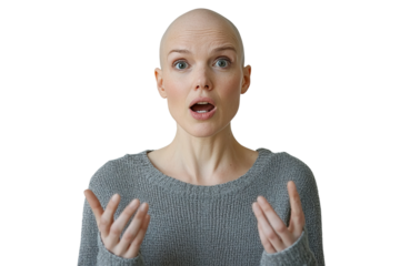 a front view image of a bald white 20 year woman talking, heather grey sweater, enthused, bright lighting, on a white background