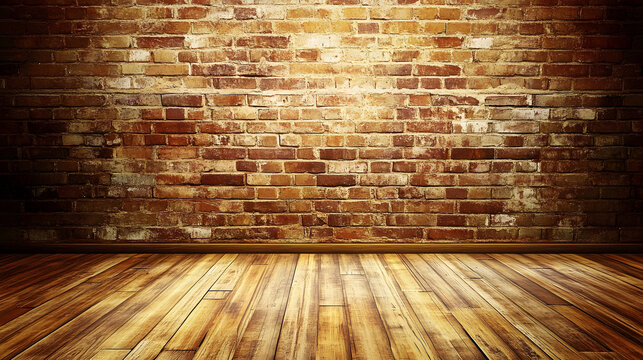 Warm red brick wall with dramatic lighting and a wooden floor creating a cozy interior UHD 4K Image