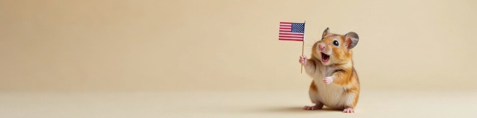 Hamster holds up tiny American flag with whiskers twitching in excitement on neutral colored background, adorable pet , flag holding