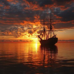 Fototapeta premium Silhouette of Vintage Ship Against Dramatic Sunset Over Calm Waters