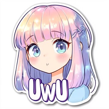 Whimsical speech bubble sticker with sparkly pastel elements and 'UwU' text