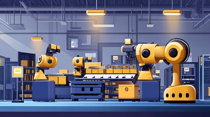 A modern industrial workspace with robotic arms for automated manufacturing processes.
