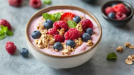 Berry smoothie bowl with granola, raspberries, blueberries, and strawberry