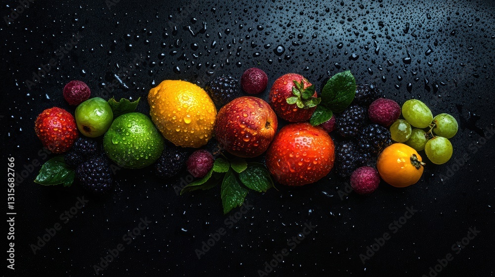 Poster colorful assortment of fresh fruits with dew droplets on a dark background. generative ai