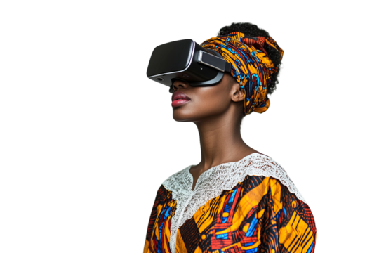 a photo of a black woman with traditional african clothes, but fashionable, with virtual reality glasses, on white background