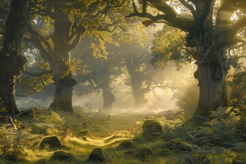 A peaceful morning scene with mist gently enveloping a forest floor, sunlight filtering through the trees, A misty morning in a tranquil forest filled with ancient trees