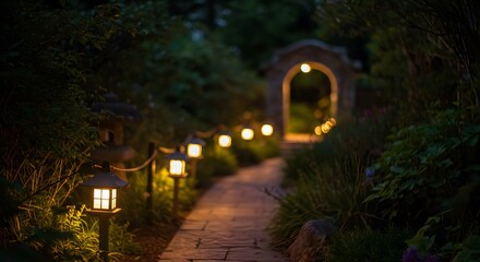 Serene night garden path illuminated by warm lights softly guiding to an archway entrance calm dark